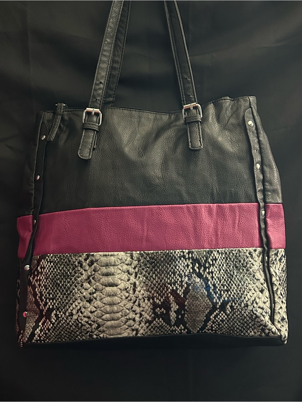 Black & Magenta Snake-Trim Tote Shoulder Bag